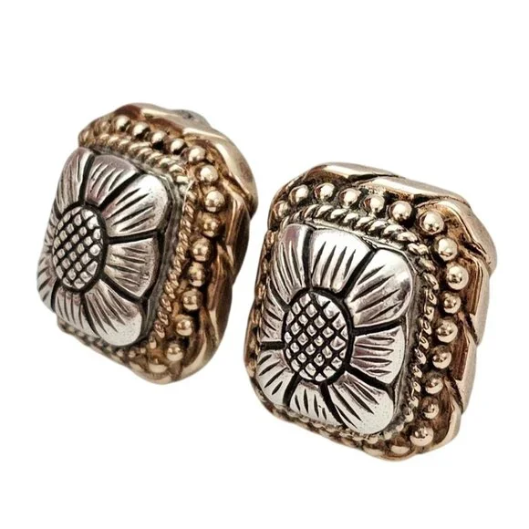 Sterling Silver Stephen Dweck Square Clip On Chunky Braid Flower Earrings C814